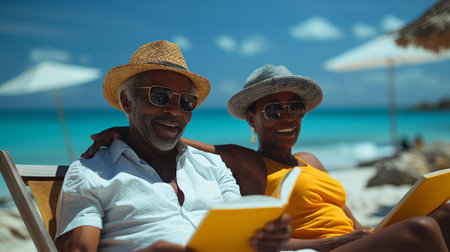 Happy african american couple reading book while sitting on sunbed at tropical beachの素材