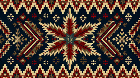 An elaborate pixel pattern displays a rich tapestry of traditional Christmas motifs in golden and red hues, celebrating festive winter aesthetics.の素材