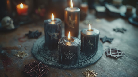 Christmas decoration with burning candles on rustic wooden table, retro tonedの素材