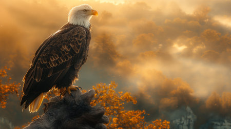 Bald Eagle on a rock in the morning light with a beautiful foggy backgroundの素材