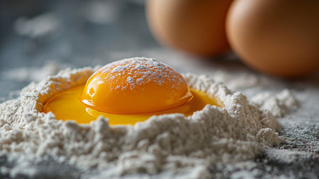 An egg yolk sprinkled with flour sits ready for the baking process.の素材