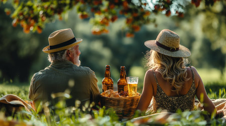 An elderly couple enjoys a serene picnic under the shade of an orchard, sharing stories over bottles of beer.の素材