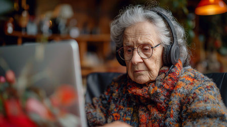 An elderly woman deeply engrossed in her laptop wears headphones, highlighting the timeless connection between generations and technology.の素材
