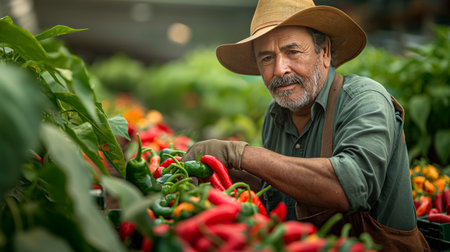 An elderly farmer, with a gentle smile, harvests vibrant red chili peppers in a lush greenhouse.の素材