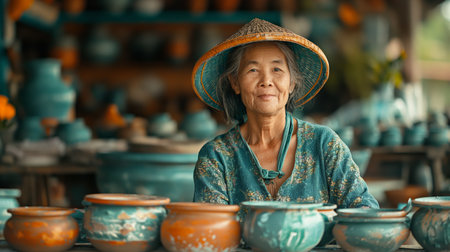 An elderly potter smiles warmly, surrounded by her beautiful, handcrafted pottery in a traditional workshop.の素材