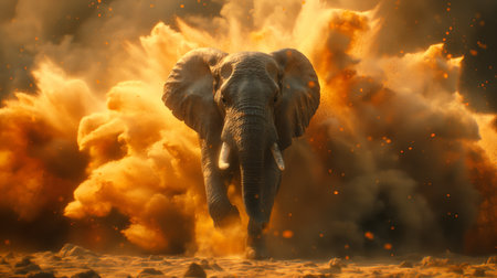 An elephant charges through a dust storm, its massive form a powerful spectacle against the explosive backdrop.の素材