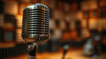 An elegant microphone catches the warm glow of a studio, suggesting a cozy and intimate musical session.の素材
