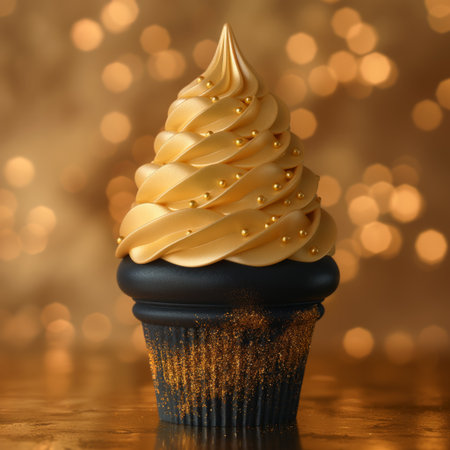 An elegantly styled cupcake adorned with golden swirls shines against a sparkling background.の素材