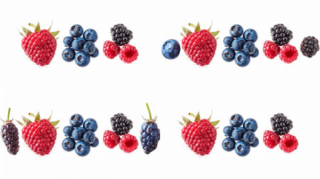 An enticing arrangement of summer berries in a row, showing fresh raspberries, blueberries, and blackberries against a pristine white background.の素材
