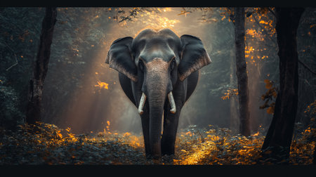 An elephant stands majestically in a sunlit forest, surrounded by golden leaves and a mystical atmosphere.の素材