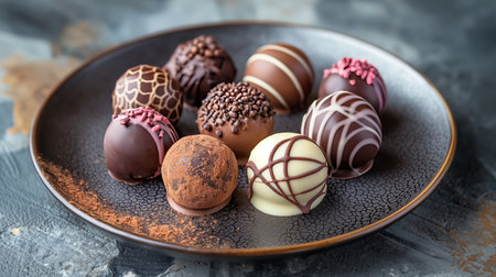 An exquisite array of gourmet chocolate truffles beautifully arranged on a textured plate, showing a variety of decadent toppings and designs.の素材