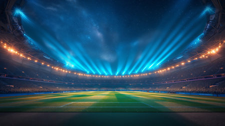 An expansive football stadium under a starry night sky, illuminated by dazzling blue spotlights and a cheering crowd.の素材