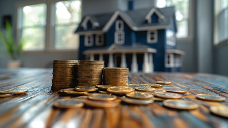 An evocative scene of wealth accumulation, featuring a pile of golden coins stacked on a rustic wooden table with a model house in the background.の素材