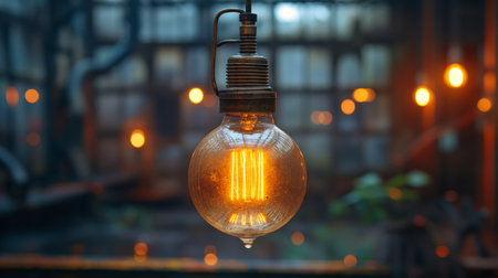 An industrial-style light bulb casts a warm, inviting glow against a backdrop of blurred factory windows.の素材