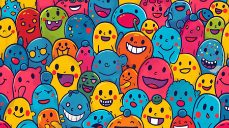 An exuberant collection of cartoon creatures bursts with vibrant colors and joyful expressions.の素材