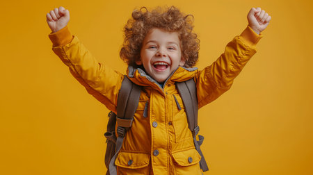 An exuberant young child in yellow celebrates joyfully, arms raised in victory.の素材