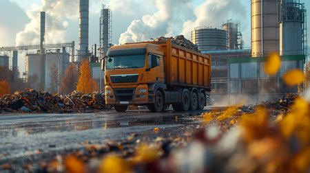 An industrial scene with a large orange truck loaded with waste, driving through a recycling plant under a cloudy sky.の素材