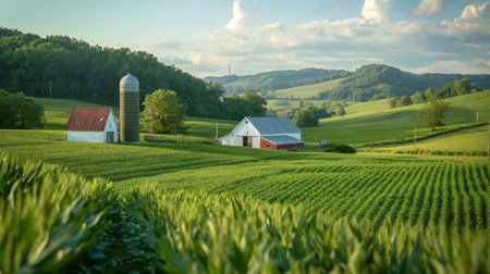 An idyllic rural scene unfolds with a traditional red and white barn set against lush, rolling hills under a clear sky.の素材