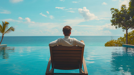 An idyllic vacation moment, with a man in a white shirt relaxing by an infinity pool overlooking the ocean.の素材