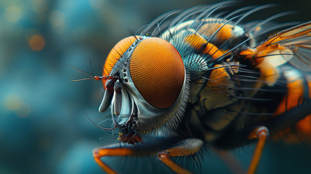 An intense macro photograph of a fly, highlighting its vibrant orange eyes and intricate body details.の素材