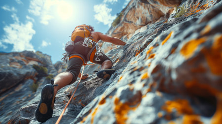 Rock climber climbs on a rocky wall. Extreme sport climbing.の素材