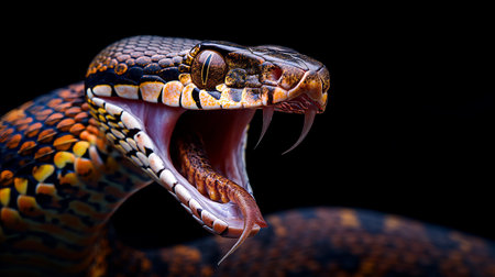 An intense, colorful snake with its mouth wide open, showcasing menacing fangs.の素材