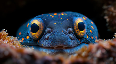An intense blue moray eel peers out from its coral hideaway, its eyes shimmering with curiosity and wariness.の素材