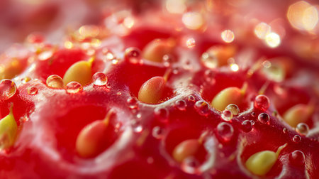 An intimate macro view showcasing the sparkling water droplets on a strawberry, highlighting its rich textureの素材