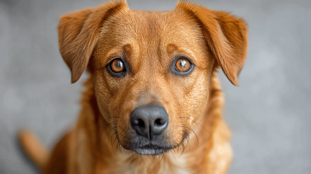 An intimate portrait of a golden-colored dog with expressive eyes and a sharp focus on its face.の素材