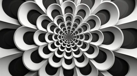 An intricate geometric pattern of black and white circles that create a mesmerizing optical illusion, drawing the eye deeper into its layered complexity.の素材