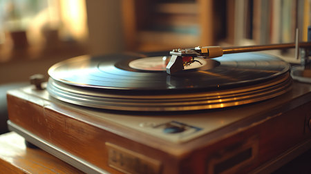 An intimate glance at a vintage vinyl record player with a spinning record, radiating the charm of a bygone musical eraの素材