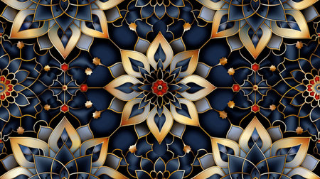 An intricate and seamless geometric pattern in gold, blue, and red, exuding luxury and traditional Arabian artistry.の素材