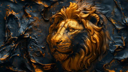 An intricate golden lion sculpture emerges powerfully from a dark, textured background, radiating regal majesty.の素材