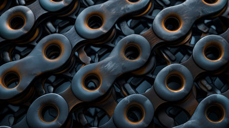 An intricate pattern of interconnected bicycle chains laid flat on a dark, textured background.の素材