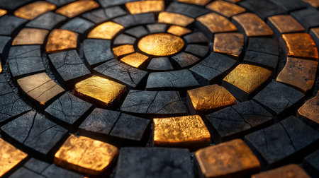 An intricate mosaic of shimmering gold and matte black tiles creates a luxurious and textured background, glowing under a soft light.の素材