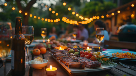 An enchanting evening barbecue with friends under twinkling lights creates a warm and inviting atmosphere of summer bliss.の素材