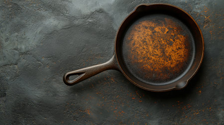 An old, rusty cast iron skillet on a dark, textured background, showing signs of wear and history.の素材
