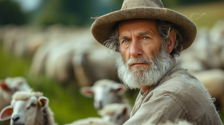An old shepherd gazes thoughtfully, surrounded by his loyal flock in the pastoral countryside.の素材