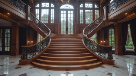 An opulent staircase spirals elegantly in a luxurious mansion, framed by intricate woodwork and grand windows.の素材