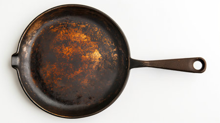 An old, seasoned cast iron skillet shows signs of use, a testament to many cooked meals.の素材