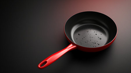 An isolated red frying pan on a dark background emphasizes simplicity and functionality in modern cookware.の素材