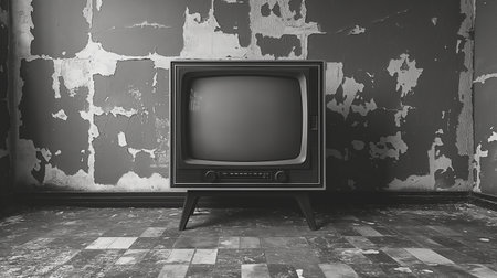 An old-fashioned television sits in a decrepit room, symbolizing the contrast between technology and decay.の素材