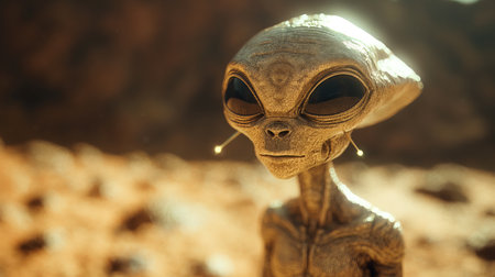 An intricately detailed alien peers curiously in a sunlit Martian landscape, with a gleaming spaceship hovering in the background.の素材