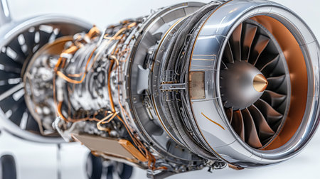 An intricately detailed aircraft engine revealed in a high-tech maintenance setting.の素材