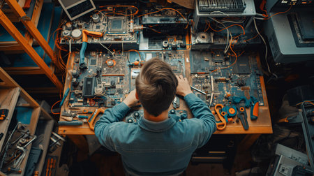 An overhead view of a dedicated engineer working on complex circuitry, surrounded by a cluttered workbench filled with tools and components.の素材