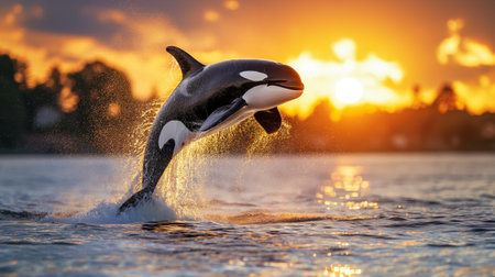 An orca leaps majestically against a stunning sunset, splashing water droplets that catch the last golden rays of the day.の素材