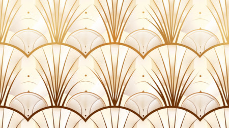 Art Deco pattern with seamless white and golden arcs on a bright background.の素材