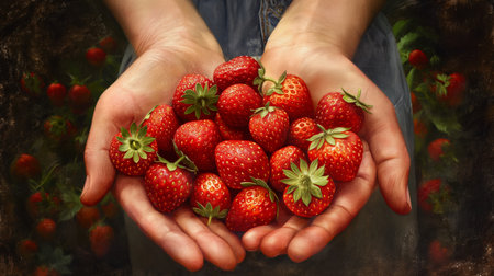 Artfully presented in a rustic setting, hands overflow with richly colored strawberries, invoking a classic, painterly feel.の素材