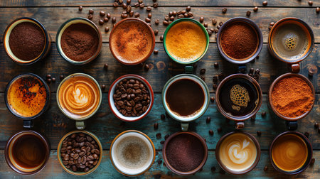 An overhead shot of diverse coffee cups and beans celebrates the rich variety and depth of the coffee experience.の素材