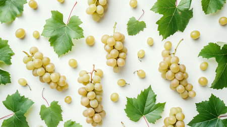 An orderly arrangement of white grapes and green leaves against a pristine white background, showing a fresh, vibrant look.の素材